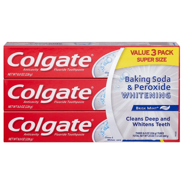 Colgate Baking Soda and Peroxide Whitening Toothpaste, Brisk Mint  8 OZ, 3 Pack