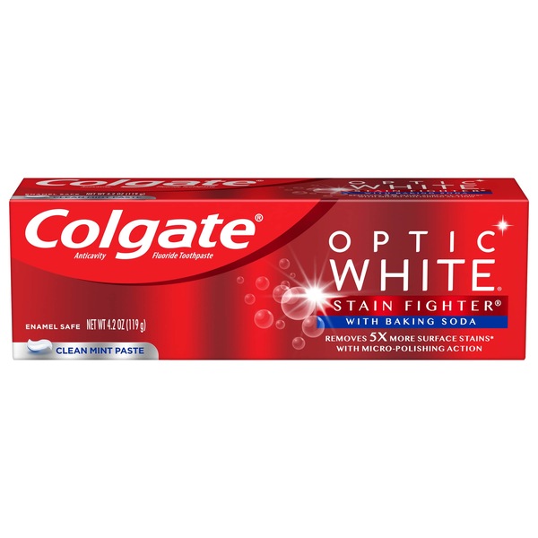 Colgate Optic White Anticavity Stain Fighter Toothpaste with Fluoride and Baking Soda, Clean Mint, 4.2 OZ