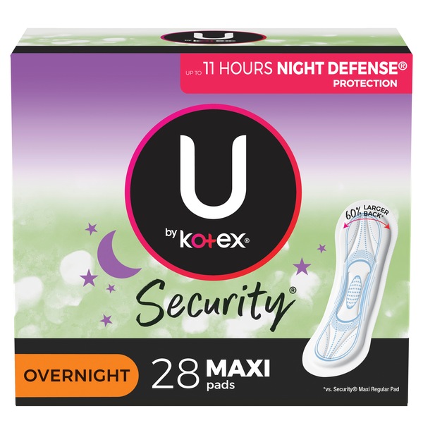 U by Kotex Security Overnight Maxi Pads, Regular Length, Unscented, 28CT