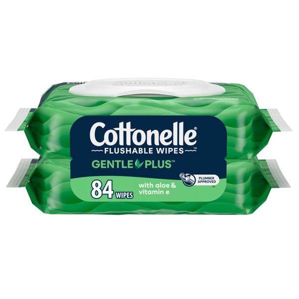 Cottonelle GentlePlus Flushable Wet Wipes with Aloe & Vitamin E, Adult Wet Wipes, 2 Flip-Top Packs, 42 Wipes per Pack (84 Total Flushable Wipes)