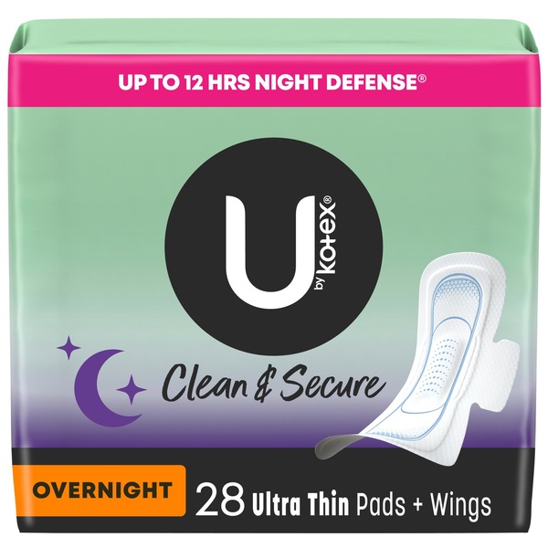 U by Kotex Security Ultra Thin Pads with Wings, Overnight, 28 CT