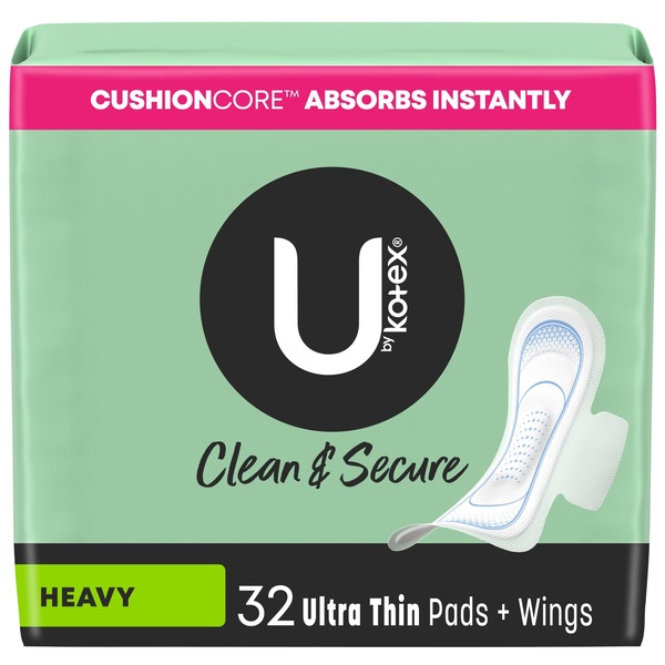 U by Kotex Security Ultra Thin Pads with Wings, Heavy, 32 CT