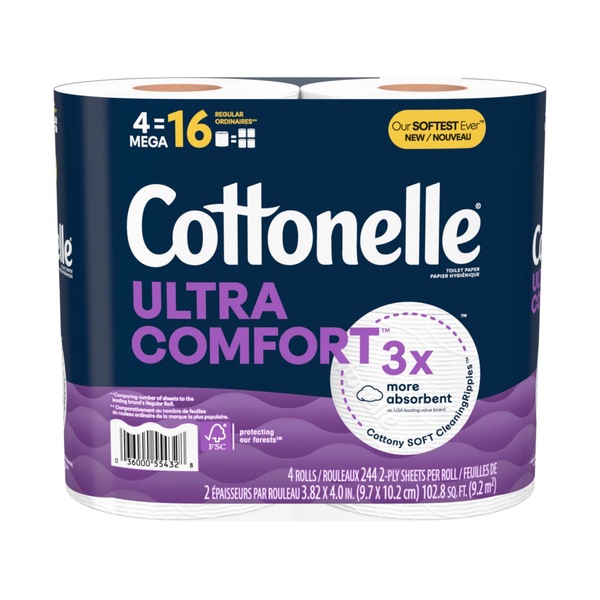 Cottonelle Ultra Comfort Toilet Paper, Strong Toilet Tissue, 4 Mega Rolls (4 Mega Rolls = 16 Regular Rolls), 268 Sheets per Roll