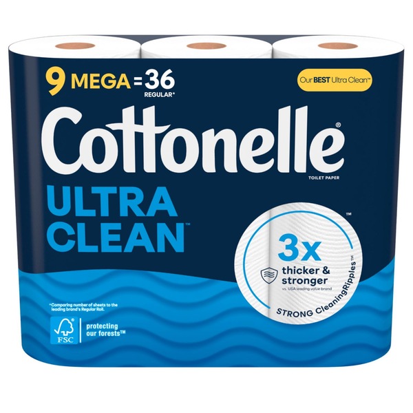 Cottonelle Ultra Clean Toilet Paper, Strong Toilet Tissue, 9 Mega Rolls (9 Mega Rolls = 36 Regular Rolls), 312 Sheets per Roll