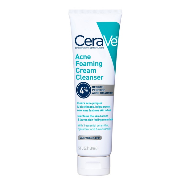 CeraVe Acne Foaming Cream Face Cleanser with 4% Benzoyl Peroxide, Hyaluronic Acid, and Niacinamide, Fragrance-Free, 5 OZ