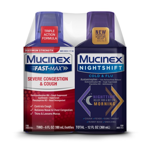 Mucinex Fast-Max Severe Congestion and Cough & Nightshift Cold and Flu Combo Pack, 2 6 OZ bottles