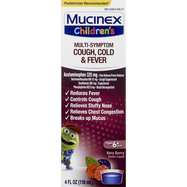 Mucinex - Jarabe para el resfrío y la fiebre, para niños, múltiples síntomas, Very Berry, 4 oz