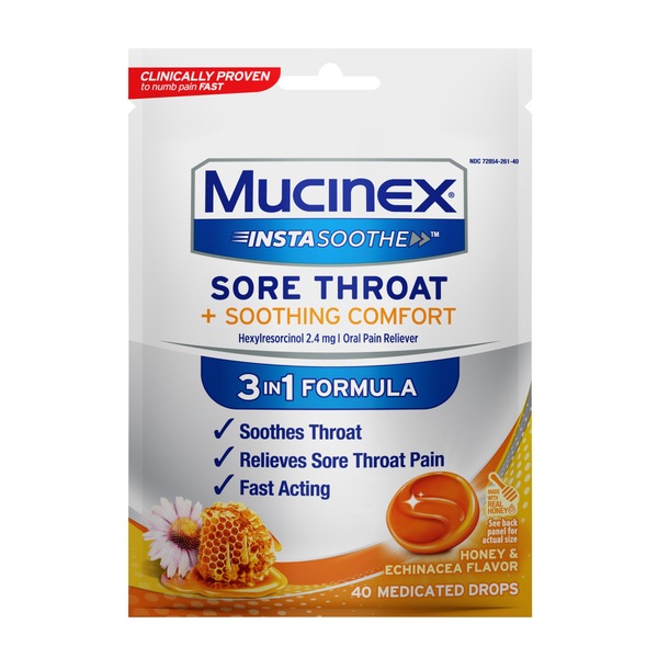 Mucinex InstaSoothe Sore Throat + Soothing Comfort Medicated Lozenges, Honey & Echinacea, 40 CT