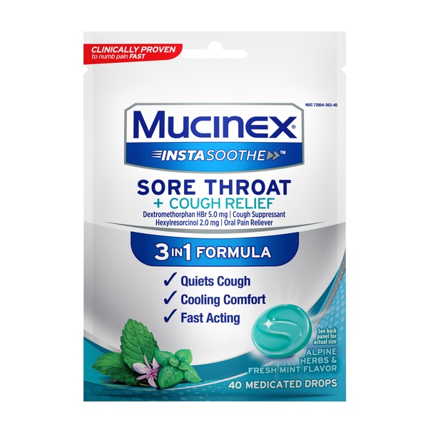 Mucinex InstaSoothe Sore Throat + Cough Relief Medicated Lozenges, Alpine Herbs & Fresh Mint, 40 CT