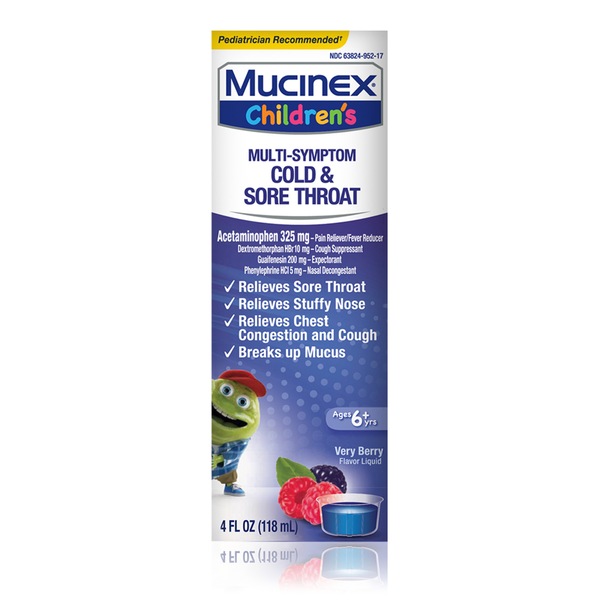 Mucinex Children's Cold, Cough, & Sore Throat Liquid, Mixed Berry, 4 OZ (Packaging May Vary)