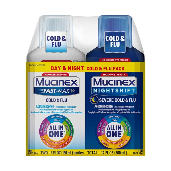 Mucinex Fast-Max Cold and Flu & Nightshift Severe Cold and Flu Combo Pack, 2 12 OZ bottles