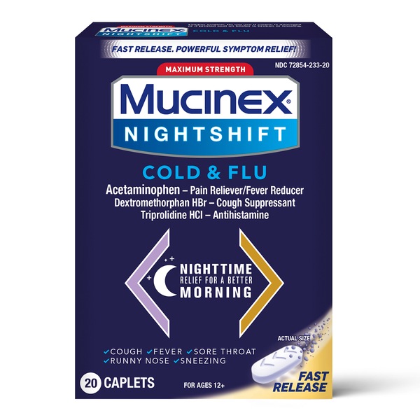 Mucinex Nightshift Cold & Flu Fast Release Caplets, Maximum Strength, 20 CT