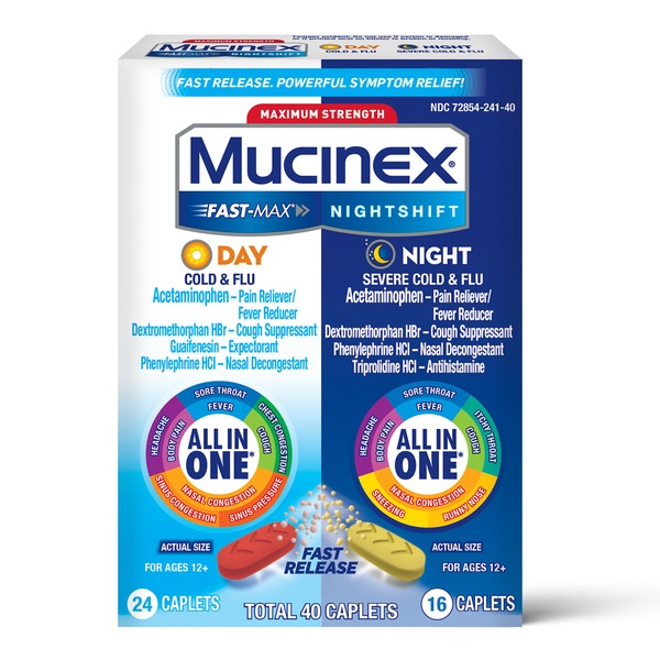 Mucinex Fast-Max Maximum Strength para resfriado y gripe intensos, uso diurno y nocturno, todo en uno, liberación rápida, 40 u.