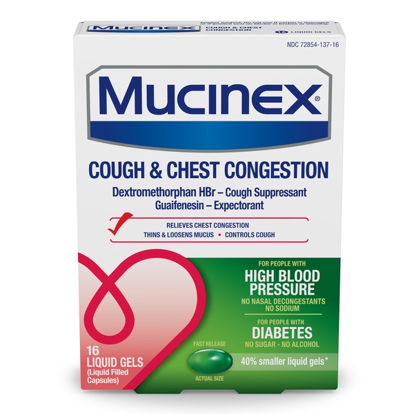 Mucinex Cough & Chest Congestion Liquid Gels, For People with High Blood Pressure or Diabetes, 16 CT