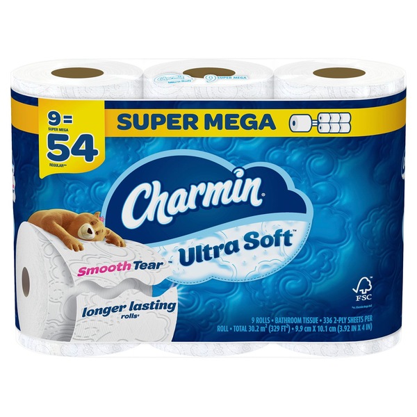 Charmin Ultra Soft Toilet Paper 9 Super Mega Rolls, 336 Sheets Per Roll