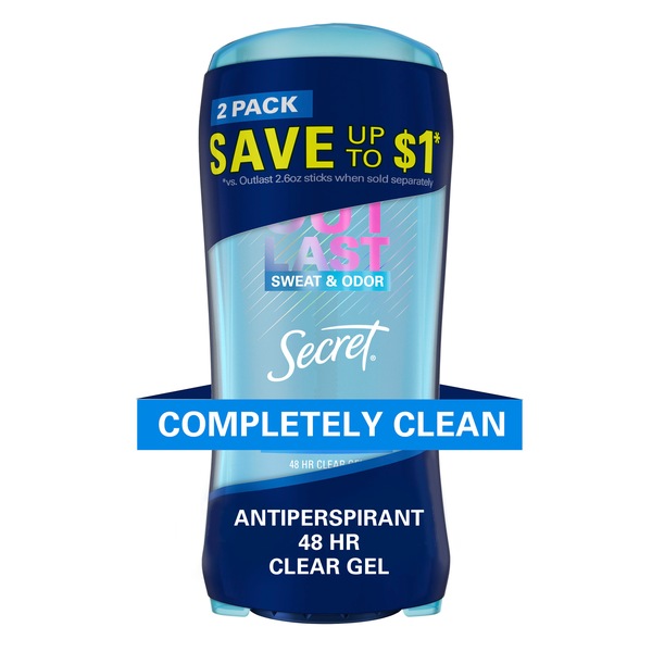 Secret Outlast 48-Hour Clear Gel Antiperspirant & Deodorant Stick, Completely Clean, 2.6 OZ, 2 Pack