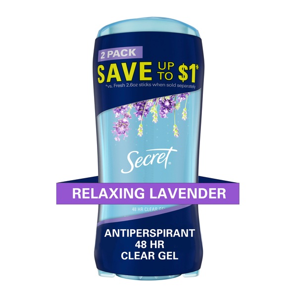 Secret 48-Hour Clear Gel Antiperspirant & Deodorant Stick, Lavender, 2.6 OZ, 2 Pack