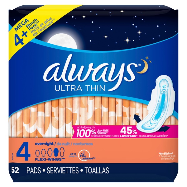 Always Ultra Thin Pads With Flexi-Wings Size4 Overnight, 26 CT