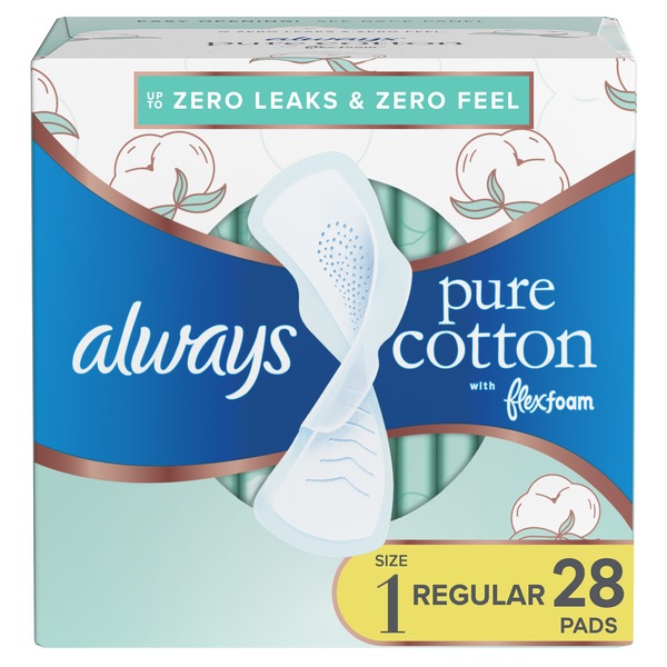 Always Pure Cotton with FlexFoam Pads Regular Absorbency Size 1, 28 Count