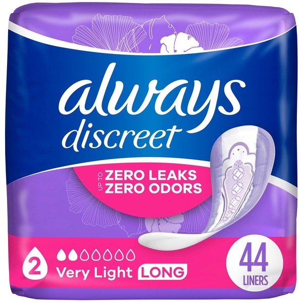Always Discreet Incontinence Liners 2 Drop Light Absorbancy, Long, 44 CT