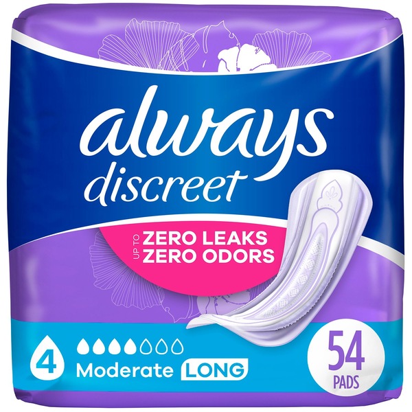 Always Discreet Incontinence Pads 4 Drop Absorbancy, Long, 54 CT