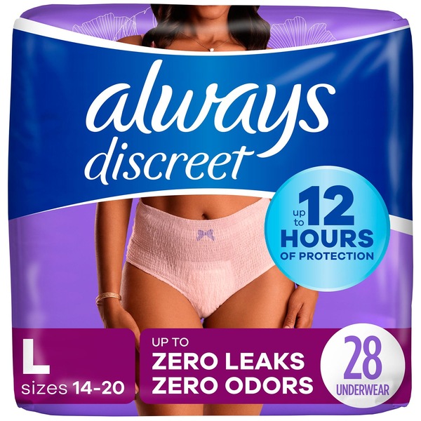 Always Discreet Incontinence Underwear for Women Maximum Protection, L, 28 CT