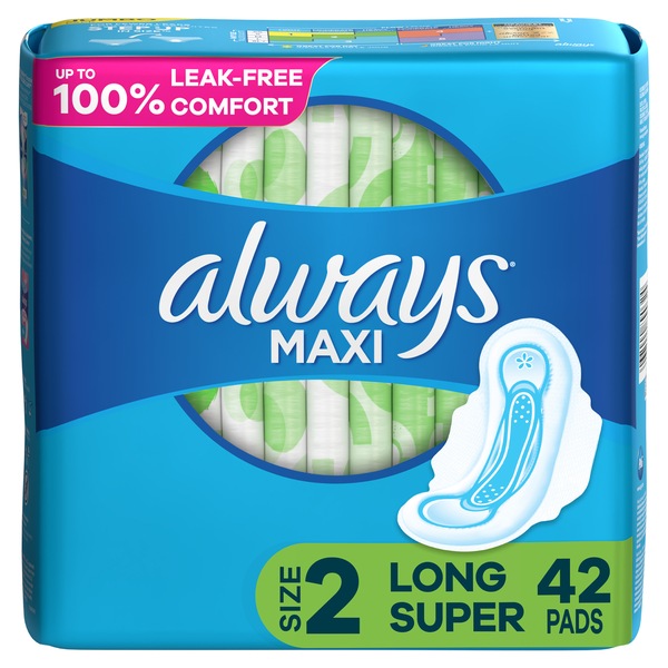 Always Size 2 Long Maxi Pads with Wings, Unscented, Super