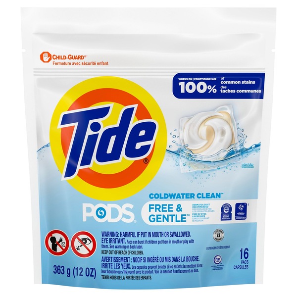 Tide PODS Liquid Laundry Detergent Pacs, Free & Gentle, 16 ct