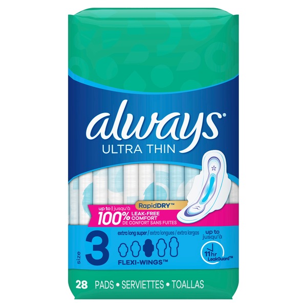 Always Ultra Thin Extra Long Size 3 Pads with Wings, Unscented, Super