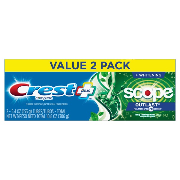 Crest + Scope Outlast Complete Whitening - Pasta dental blanqueadora, Mint, 5.4 oz, paquete de 2