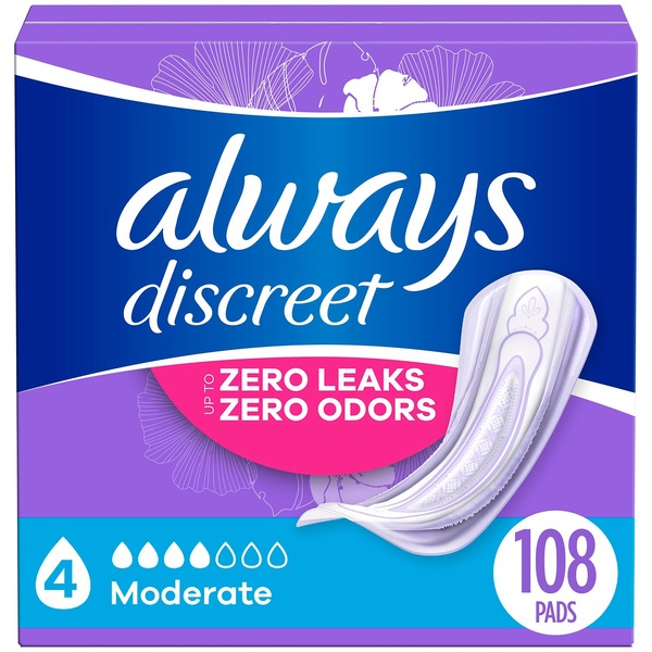 Always Discreet Women's Incontinence and Postpartum Pads, Moderate, 108 CT