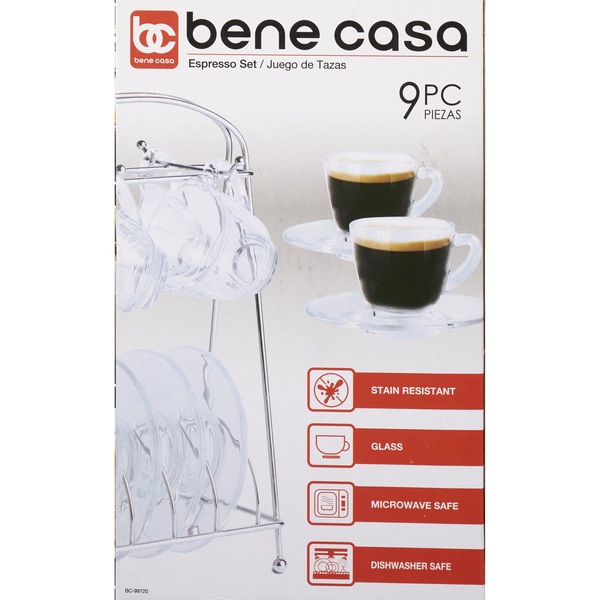 Bene Casa Espresso Set with Rack, Clear Glass, 9 PC