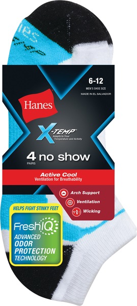 Hanes Men's No Show Socks, White, Size 6-12, 4-Pack
