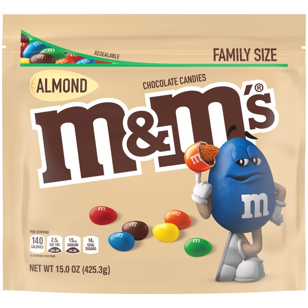 M&M'S Almond Milk Chocolate Candy, Family Size, Resealable Bulk Candy Bag, 15 oz