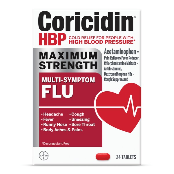 Coricidin HBP Maximum Strength Multi-Symptom Flu Tablets, 24 CT