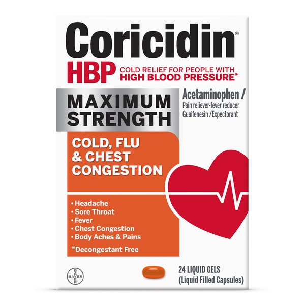 Coricidin HBP Maximum Strength Cold, Cough & Flu Liquid Gels, 24 CT
