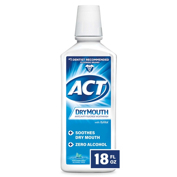 ACT Dry Mouth Anticavity Zero-Alcohol Fluoride Mouthwash with Xylitol, Soothing Mint