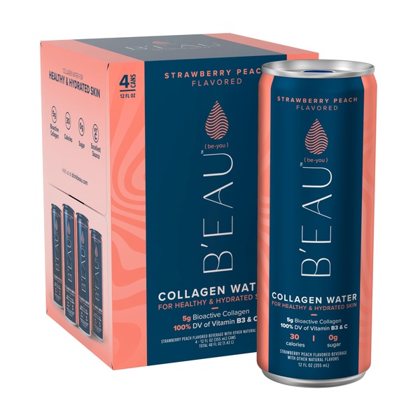 B'EAU Collagen Water, Strawberry Peach Flavored Water, 12 Fl Oz, 4 Pack