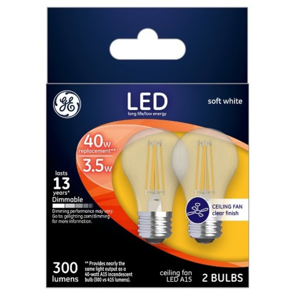GE LED Clear Finish 40W Ceiling Fan Light Bulbs, A15, 2 CT