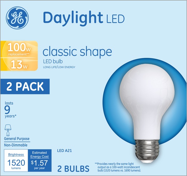 GE LED Classic Daylight A21 Light Bulbs, 13w, 2 CT