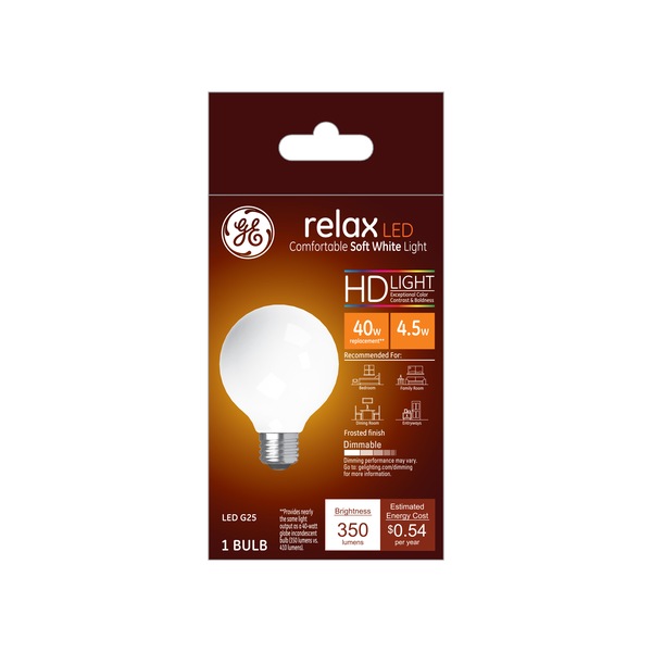 GE Relax HD Soft White 40W Replacement LED Frosted Decorative Globe Medium Base G25 Light Bulb, 1 ct