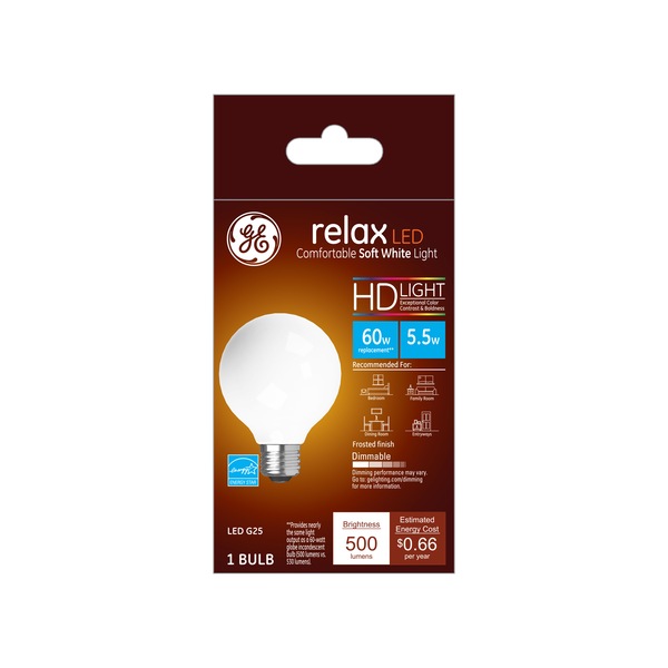 GE Relax HD Soft White 60W Replacement LED White Decorative Globe G25 Light Bulb (1-Pack)