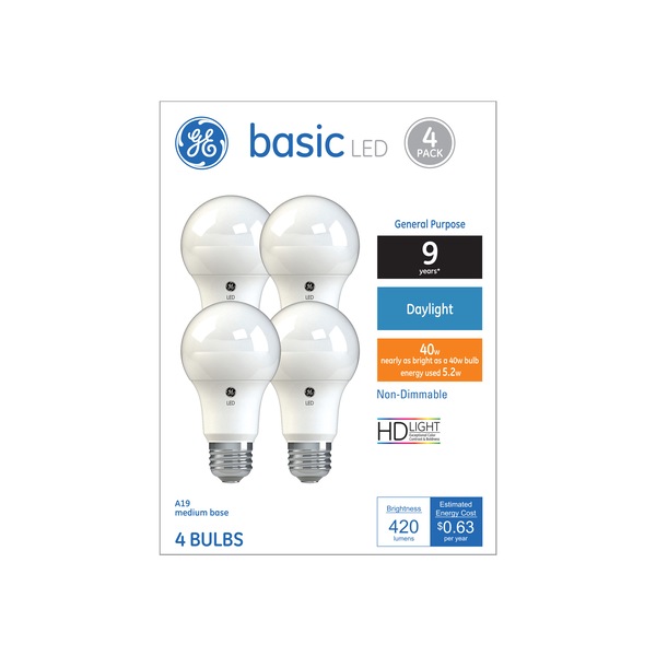 GE Basic Daylight LED 40W Replacement White General Purpose A19 Light Bulbs (4-Pack)
