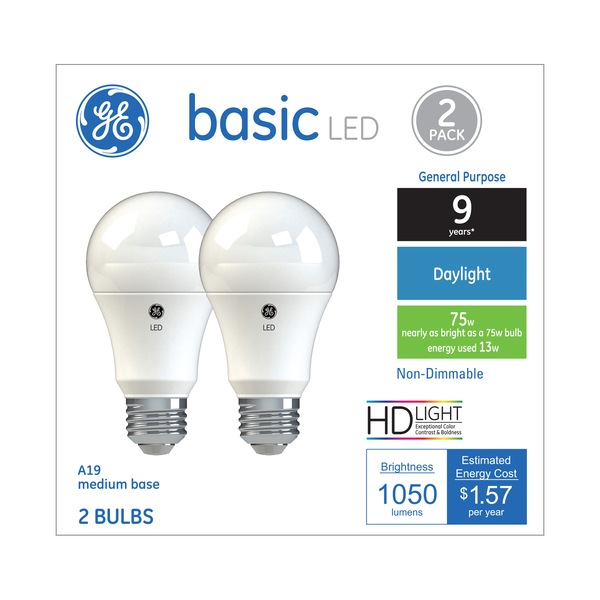 GE Basic Daylight LED 75W Replacement White General Purpose A19 Light Bulbs, 2 ct