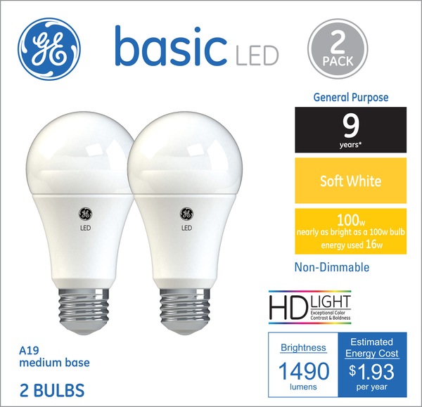 GE Basic LED 100W Soft White Light Bulbs, A19, 2 CT