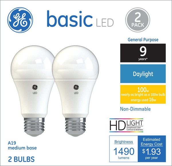 GE Basic Daylight LED 100W Non-Dimmable Light Bulbs, A19, 2 CT