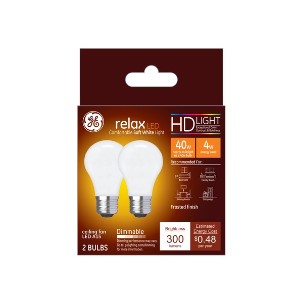 GE Relax HD Soft White 40W Replacement Frosted Medium Base Ceiling Fan A15 Light Bulbs, 2 ct
