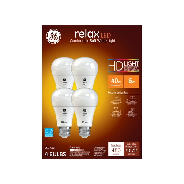 GE Relax HD Soft White 40W Replacement General Purpose A19 Light Bulbs, 4 ct