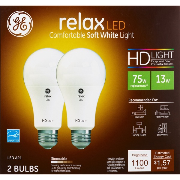 GE Relax Soft White HD 75W LED Light Bulbs, A21, 2 CT