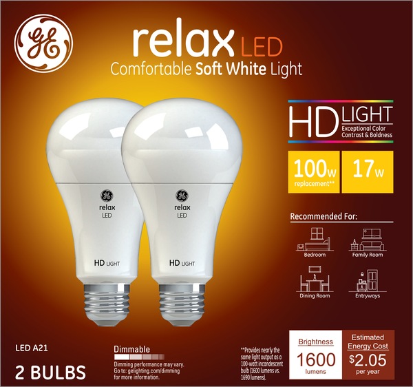 GE Relax HD 100W LED Light Bulbs, A21, 2 CT